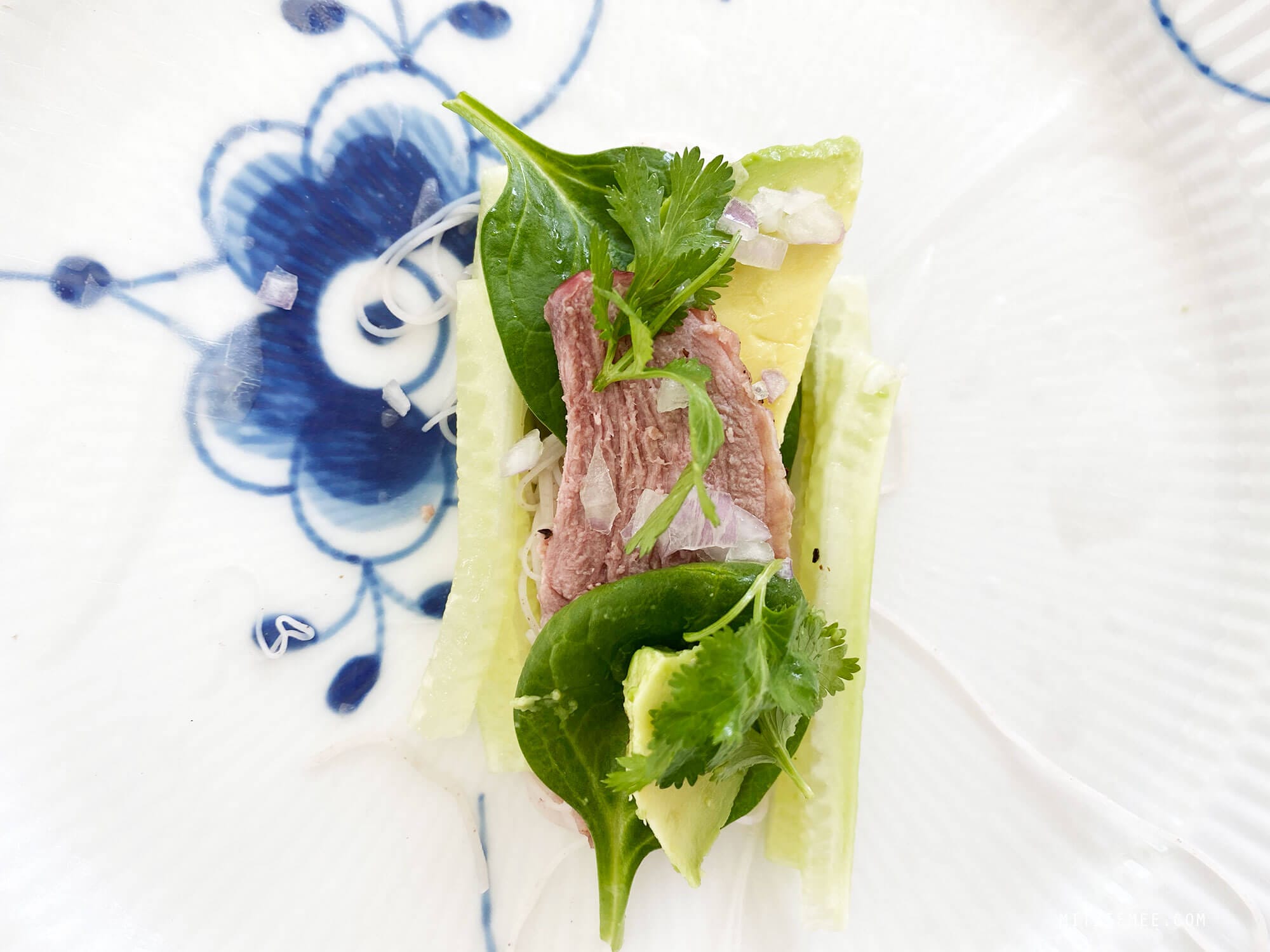 Rice paper rolls with roast duck and avocado
